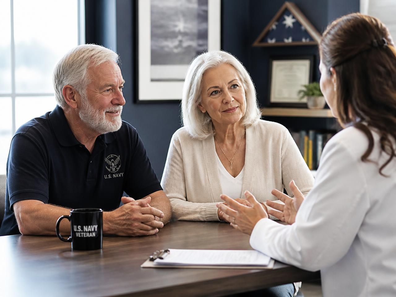 A veteran and spouse discussing a claim with a clinician