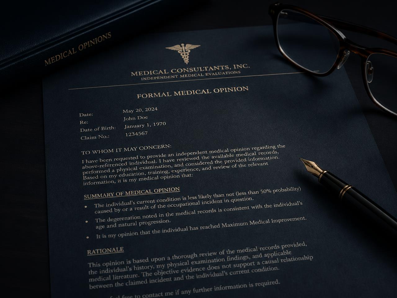 A formal independent medical opinion letter on a desk
